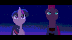 Size: 1280x720 | Tagged: safe, screencap, tempest shadow, twilight sparkle, alicorn, pony, g4, my little pony: the movie, animated, broken horn, cute, female, fireworks, gif, horn, looking at each other, smiling, tempestbetes, twiabetes, twilight sparkle (alicorn), when she smiles