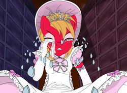 Size: 3000x2194 | Tagged: safe, artist:avchonline, big macintosh, earth pony, anthro, g4, alice in wonderland, bonnet, clothes, crossdressing, crying, disney, dress, evening gloves, girly, gloves, handkerchief, high res, jewelry, long gloves, macro, male, pinafore, puffy sleeves, rabbit hole, stallion, tiara, tissue