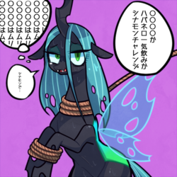 Size: 600x600 | Tagged: safe, artist:awbt, queen chrysalis, changeling, g4, female, japanese, mare, simple background, solo, speech bubble, tied up