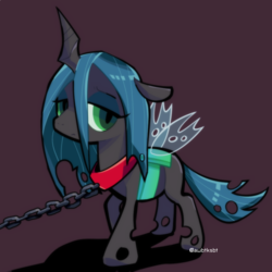 Size: 700x700 | Tagged: safe, artist:awbt, queen chrysalis, changeling, changeling queen, nymph, chains, collar, cute, cutealis, female, filly, filly queen chrysalis, foal, looking at you, purple background, sad, sadorable, signature, simple background, solo, younger