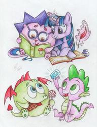Size: 1230x1608 | Tagged: safe, artist:anastasia1995art, spike, twilight sparkle, g4, book, chocolate, crossover, food, inkwell, quill, smeshariki, traditional art