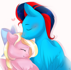 Size: 1764x1720 | Tagged: safe, artist:pledus, oc, oc only, oc:andrew swiftwing, oc:bay breeze, pegasus, pony, blushing, bow, couple, cute, duo, duo male and female, eyes closed, female, hair bow, heart, male, mare, oc x oc, shipping, snuggling, stallion, straight, swiftbreeze, wings