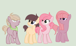 Size: 1988x1192 | Tagged: safe, artist:emili-adoptions, oc, oc only, earth pony, pony, base used, female, green background, half-siblings, mare, neckerchief, offspring, parent:big macintosh, parent:limestone pie, parent:marble pie, parent:maud pie, parent:pinkie pie, parents:limemac, parents:macinmaud, parents:marblemac, parents:pinkiemac, simple background, sisters