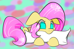 Size: 2846x1865 | Tagged: safe, artist:creepypastapon3, fluttershy, pegasus, pony, g4, abstract background, colored pupils, cute, female, mare, no pupils, nom, pillow, prone, shyabetes, solo