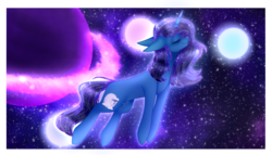 Size: 3000x1713 | Tagged: safe, artist:honeybbear, oc, oc only, oc:moon heart, pony, unicorn, female, mare, planet, solo, space, stars