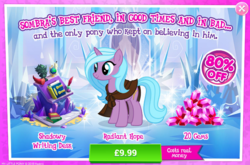 Size: 794x524 | Tagged: safe, gameloft, idw, radiant hope, pony, g4, siege of the crystal empire, advertisement, costs real money, gem, idw showified, introduction card, sale, solo