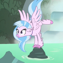 Size: 1079x1078 | Tagged: safe, screencap, silverstream, classical hippogriff, hippogriff, g4, what lies beneath, balancing, cropped, face down ass up, female, nightmare cave, pond, reaction image, rock, solo, spread wings, sudden realization, waterfall, wide eyes, wings