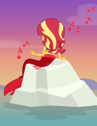 Size: 1024x1334 | Tagged: safe, artist:mlp-trailgrazer, sunset shimmer, mermaid, equestria girls, g4, clothes, female, mermaidized, music notes, ocean, rear view, rock, sitting, solo, species swap, sunset shimmer day, water