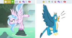 Size: 509x274 | Tagged: safe, edit, edited screencap, screencap, gallus, silverstream, classical hippogriff, griffon, hippogriff, derpibooru, g4, what lies beneath, balancing, behaving like a bird, cropped, crowing, duo, gallus the rooster, griffons doing bird things, juxtaposition, meta, stunt