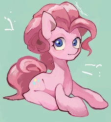 Size: 1009x1113 | Tagged: safe, artist:akomaru, pinkie pie, earth pony, pony, g4, blushing, female, looking at you, lying down, mare, simple background, smiling, solo