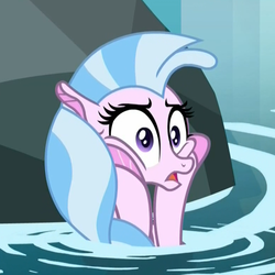 Size: 780x780 | Tagged: safe, edit, edited screencap, screencap, silverstream, seapony (g4), g4, what lies beneath, cropped, female, hooves on cheeks, nightmare cave, panic, panic attack, panicking, reaction image, rock, scared, seapony silverstream, solo, water, wide eyes