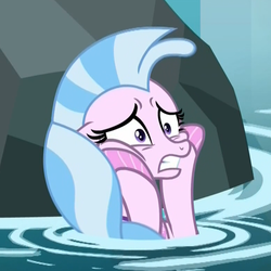 Size: 780x780 | Tagged: safe, edit, edited screencap, screencap, silverstream, seapony (g4), g4, what lies beneath, cropped, female, hooves on cheeks, nightmare cave, panic, panic attack, panicking, reaction image, rock, scared, seapony silverstream, solo, water