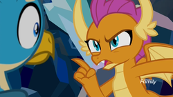 Size: 1920x1080 | Tagged: safe, screencap, gallus, smolder, dragon, griffon, g4, what lies beneath, angry, discovery family logo, dragoness, duo, female, male, narrowed eyes, nightmare cave, pointing, scared, wide eyes