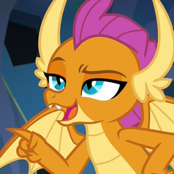 Size: 1079x1078 | Tagged: safe, screencap, smolder, dragon, g4, what lies beneath, cropped, dragoness, female, hand on hip, lidded eyes, nightmare cave, pointing, raised eyebrow, reaction image, solo, spread wings, wings