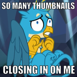 Size: 500x500 | Tagged: safe, edit, edited screencap, screencap, gallus, griffon, derpibooru, g4, what lies beneath, cave, claustrophobia, cowering, cropped, gritted teeth, impact font, juxtaposition bait, male, meme, meta, nightmare cave, paw pads, paws, scared, solo, text, underpaw, wide eyes