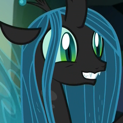 Size: 807x807 | Tagged: safe, screencap, ocellus, queen chrysalis, changedling, changeling, changeling queen, g4, what lies beneath, cropped, cute, cutealis, diaocelles, disguise, disguised changeling, dork, dorkalis, fangs, female, floppy ears, implied chrysalis, nightmare cave, queen chrysellus, smiling, when she smiles, wide eyes