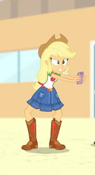 Size: 287x526 | Tagged: safe, screencap, applejack, equestria girls, equestria girls series, g4, rollercoaster of friendship, belt, boots, cellphone, clothes, cowboy boots, cowboy hat, cropped, denim skirt, female, freckles, hat, phone, shoes, skirt, smartphone, stetson