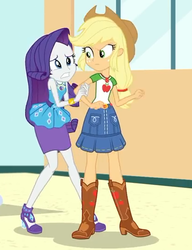 Size: 415x540 | Tagged: safe, screencap, applejack, rarity, equestria girls, equestria girls specials, g4, my little pony equestria girls: better together, my little pony equestria girls: rollercoaster of friendship, belt, boots, clothes, cowboy boots, cowboy hat, cropped, denim skirt, female, freckles, geode of shielding, geode of super strength, hat, high heels, rarity peplum dress, shoes, skirt, stetson