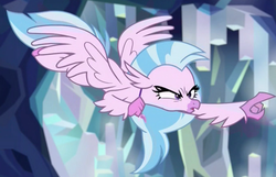Size: 1370x883 | Tagged: safe, screencap, silverstream, classical hippogriff, hippogriff, g4, what lies beneath, angry, beak, eyelashes, female, flying, narrowed eyes, pointing, school of friendship, solo, spread wings, wings