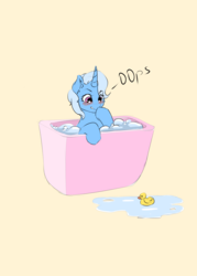 Size: 4000x5583 | Tagged: safe, artist:kittytitikitty, trixie, pony, unicorn, g4, 30 minute art challenge, bath, bathtub, blushing, cute, diatrixes, female, mare, oops, rubber duck, simple background, solo, water