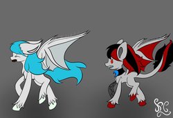 Size: 1024x699 | Tagged: safe, artist:klarachaos, oc, oc:black heart, oc:sister note, bat pony, angry, donut, food