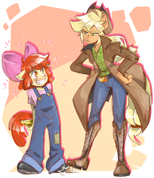 Size: 1300x1500 | Tagged: safe, artist:thegreatrouge, apple bloom, applejack, earth pony, anthro, plantigrade anthro, g4, the washouts (episode), banana, bananabloom, boots, bow, clothes, coat, cowboy hat, dishonorapple, dungarees, female, food, fruit, grin, hair bow, hand on hip, hands behind back, hat, hiding, jeans, johnny johnny yes papa, nervous, overalls, pants, shifty, shoes, siblings, sisters, smiling, stetson