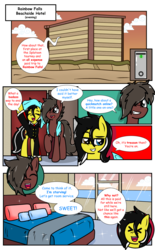 Size: 2369x3830 | Tagged: safe, artist:takaneko13, oc, oc:cyser, oc:zedwin, earth pony, pony, comic:sleep over, clothes, comic, cywin, dialogue, female, high res, hotel, hotel room, male, mare, stallion, towel