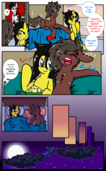 Size: 2369x3830 | Tagged: safe, artist:takaneko13, princess luna, oc, oc:cyser, oc:dusk, oc:zedwin, earth pony, pony, comic:sleep over, g4, bed, clothes, comic, couch, cywin, dialogue, female, food, high res, hotel, hotel room, male, mare, moon, night, popcorn, sleeping, stallion, waiter