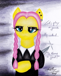 Size: 1854x2311 | Tagged: safe, artist:thechrispony, fluttershy, semi-anthro, g4, arm hooves, braided pigtails, clothes, crossover, dress, female, fluttergoth, goth, knife, mare, piercing, solo, the addams family, traditional art, wednesday addams