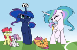 Size: 2397x1584 | Tagged: safe, artist:asherspray, apple bloom, princess celestia, princess luna, scootaloo, sweetie belle, earth pony, pony, g4, ball, cute, cutie mark crusaders, female, filly, floppy ears, football, horn, horn impalement, hornball, laughing, mare, royal sisters, smiling, sports
