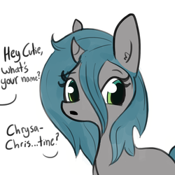 Size: 1280x1280 | Tagged: safe, artist:tjpones, queen chrysalis, pony, unicorn, g4, blatant lies, dialogue, disguise, disguised changeling, ear fluff, female, mare, offscreen character, paper-thin disguise, seems legit, simple background, solo, white background