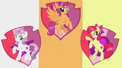 Size: 1705x957 | Tagged: safe, artist:millerrachel, apple bloom, scootaloo, sweetie belle, g4, base used, cutie mark, cutie mark crusaders, older, older apple bloom, older scootaloo, older sweetie belle, raised hoof, rearing, spread wings, the cmc's cutie marks, wings