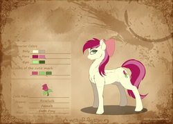 Size: 4200x3000 | Tagged: safe, artist:skitsroom, roseluck, earth pony, pony, g4, bow, brown background, cutie mark, ear fluff, female, hair bow, hooves, mare, simple background, solo, text