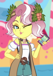 Size: 611x866 | Tagged: safe, screencap, vignette valencia, equestria girls, equestria girls specials, g4, my little pony equestria girls: better together, my little pony equestria girls: rollercoaster of friendship, cellphone, cropped, female, holly, one eye closed, phone, smartphone, solo, wink