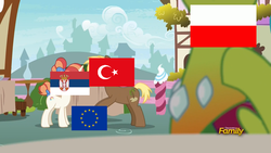 Size: 1280x720 | Tagged: safe, edit, edited screencap, screencap, coco crusoe, rainbow stars, thorax, changedling, changeling, g4, triple threat, discovery family logo, european union, fim flag-tag meme, flag, king thorax, meme, poland, rivalry, serbia, turkey (country)