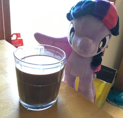 Size: 3138x3003 | Tagged: safe, twilight sparkle, alicorn, pony, g4, 4de, chocolate, chocolate milk, high res, irl, milk, photo, plushie, pure unfiltered evil, solo, spread wings, this will end in spilled milk, twilight sparkle (alicorn)