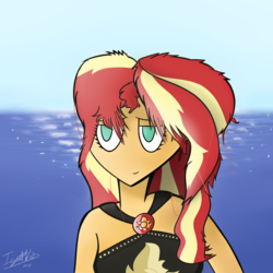 Size: 2000x2000 | Tagged: safe, artist:icy wind, sunset shimmer, equestria girls, g4, beach, clothes, female, high res, solo, swimsuit