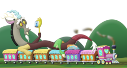 Size: 7022x3768 | Tagged: safe, artist:frogem, derpy hooves, discord, trixie, draconequus, pegasus, pony, unicorn, g4, absurd resolution, cage, female, friendship express, holding, looking at something, luggage, lying down, macro, male, micro, mountain, moutain, simple background, smoke, train, transparent background