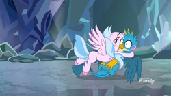 Size: 1920x1080 | Tagged: safe, screencap, gallus, silverstream, classical hippogriff, griffon, hippogriff, g4, what lies beneath, cave, cute, diastreamies, discovery family logo, duo, female, gallabetes, glomp, hug, male, nightmare cave, paw pads, paws, shipping fuel, silverstream hugs gallus, tackle, underpaw, wings
