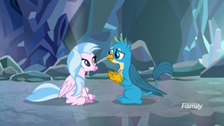 Size: 1920x1080 | Tagged: safe, screencap, gallus, silverstream, classical hippogriff, griffon, hippogriff, g4, what lies beneath, cave, claws, discovery family logo, duo, eye contact, female, looking at each other, male, nightmare cave, paws, shipping fuel, sitting