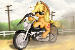 Size: 3040x2020 | Tagged: safe, artist:awalex, applejack, earth pony, pony, g4, female, fence, gun, high res, motorcycle, movie reference, power line, riding, shotgun, solo, sunglasses, terminator, terminator 2, underhoof, weapon, winchester model 1887
