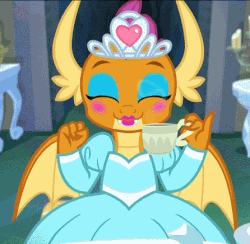 Size: 446x436 | Tagged: safe, screencap, smolder, dragon, g4, what lies beneath, animated, blushing, candlestick, claws, clothes, cropped, cup, cute, dragon wings, dragoness, dress, eyes closed, eyeshadow, fangs, female, food, giggling, girly, happy, jewelry, lipstick, looking at you, makeup, nightmare cave, open mouth, princess smolder, puffy sleeves, smiling, smolderbetes, solo, tea, tea party, teacup, teeth, tiara, wings