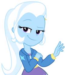 Size: 1055x1225 | Tagged: safe, artist:kingdark0001, trixie, equestria girls, g4, clothes, dress, female, hoodie, looking at you, raised eyebrow, simple background, skirt, smug, solo, transparent background