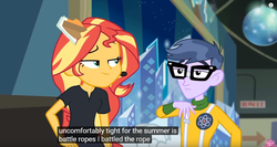 Size: 1250x666 | Tagged: safe, screencap, micro chips, sunset shimmer, all the world's off stage, all the world's off stage: micro chips, equestria girls, g4, my little pony equestria girls: better together, duo, meme, text, youtube caption