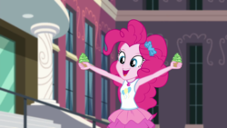 Size: 1280x720 | Tagged: safe, screencap, pinkie pie, equestria girls, equestria girls series, g4, text support, armpits, clothes, cupcake, cute, cutie mark on clothes, diapinkes, female, food, frosting, geode of sugar bombs, hairband, jalapeño, jalapeño supernova cupcake, jewelry, magical geodes, necklace, open mouth, rah rah skirt, skirt, smiling, tank top