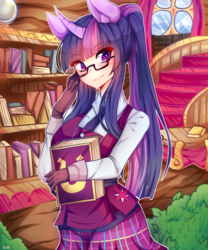 Size: 2800x3360 | Tagged: safe, artist:shir124365, sci-twi, twilight sparkle, human, pony, unicorn, equestria girls, g4, anime, book, bookshelf, clothes, crystal prep academy uniform, cutie mark on clothes, eared humanization, female, glasses, golden oaks library, high res, horn, horned humanization, humanized, looking at you, pixiv, pleated skirt, pony ears, ponytail, school uniform, shirt, skirt, smiling, solo, stairs, unicorn twilight, vest