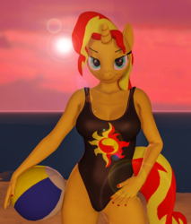 Size: 1837x2160 | Tagged: safe, artist:helioseusebio, sunset shimmer, unicorn, anthro, art pack:summer fun, g4, 3d, ball, beach, beach ball, black swimsuit, breasts, busty sunset shimmer, clothes, cutie mark swimsuit, female, looking at you, one-piece swimsuit, smiling, solo, source filmmaker, sun, sunset, swimsuit
