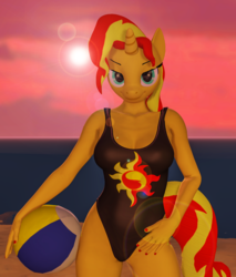 Size: 1837x2160 | Tagged: source needed, safe, artist:helioseusebio, sunset shimmer, unicorn, anthro, art pack:summer fun, g4, 3d, ball, beach, beach ball, black swimsuit, breasts, busty sunset shimmer, clothes, cutie mark swimsuit, female, looking at you, one-piece swimsuit, smiling, solo, source filmmaker, sun, sunset, swimsuit