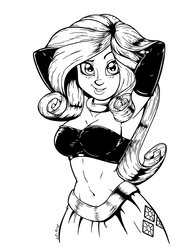 Size: 2550x3300 | Tagged: safe, artist:latecustomer, rarity, human, equestria girls, g4, android 21, arm behind head, armpits, beautiful, beautisexy, belly button, black and white, blushing, breasts, busty rarity, cleavage, clothes, cosplay, costume, dreamworks face, evening gloves, female, gloves, grayscale, high res, humanized, jewelry, long gloves, majin android 21, midriff, monochrome, necklace, seductive, seductive pose, simple background, solo, tube top, white background