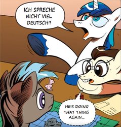Size: 735x769 | Tagged: safe, artist:andypriceart, edit, editor:symphonic sync, idw, official comic, 8-bit (g4), gizmo, shining armor, g4, neigh anything, spoiler:comic, spoiler:comic11, comics, german, translated in the comments